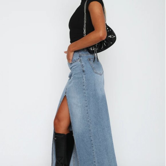 White Fox Boutique Take My Picture Denim Maxi Skirt – Blue Wash - Picture 4 of 10